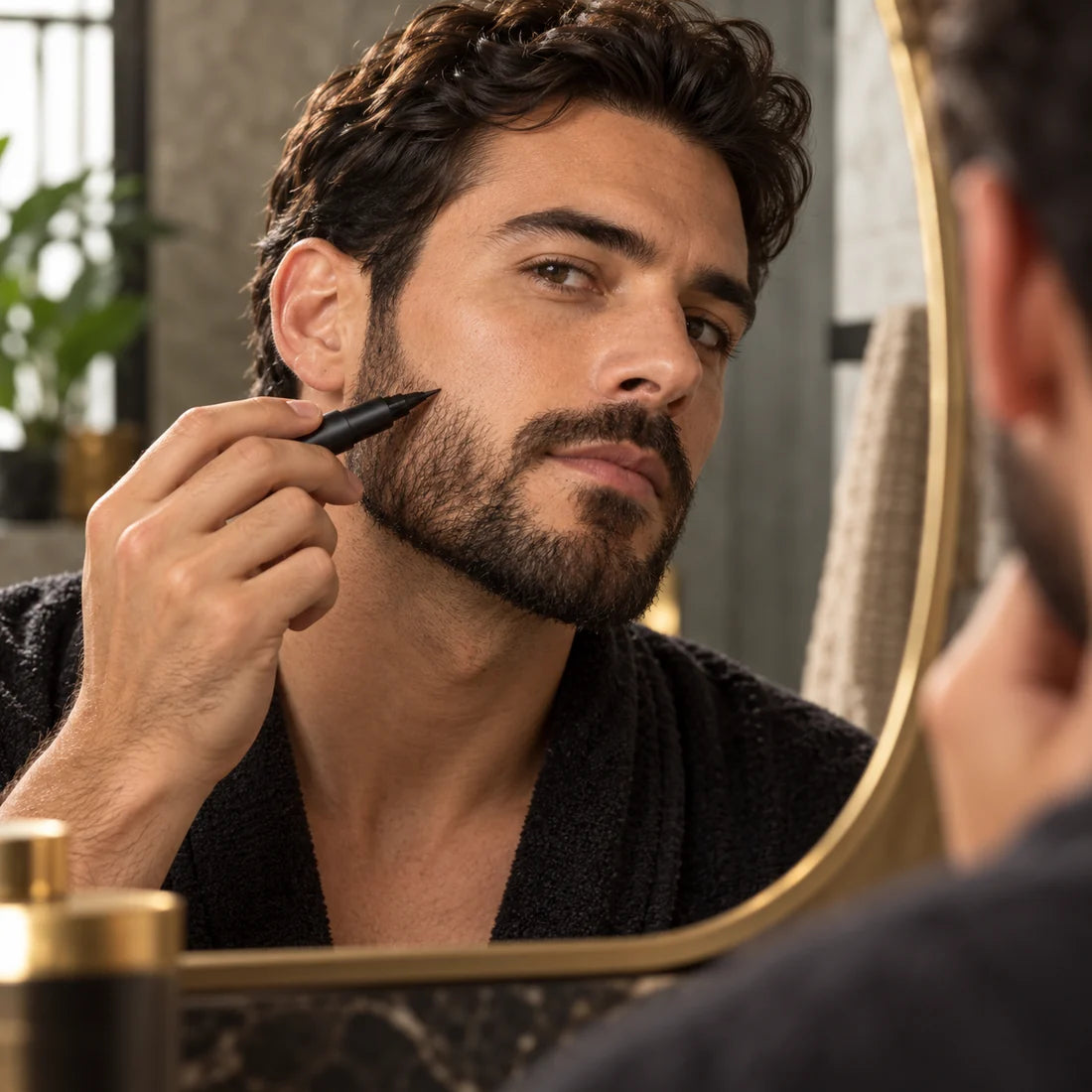 Close view of a beard filler pen near a neatly defined beard edge