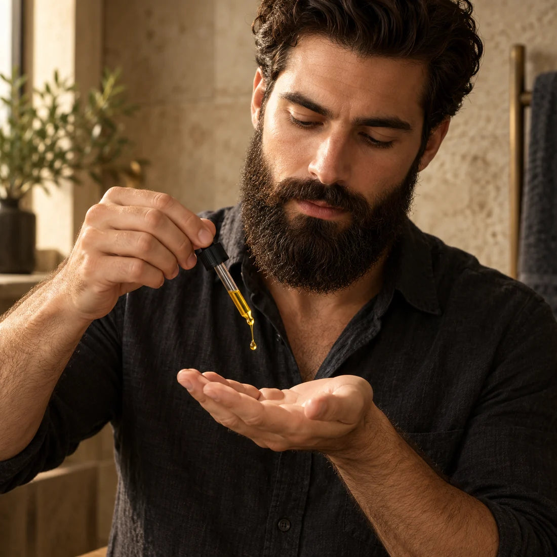 Beard oil dropper and a man caring for his beard