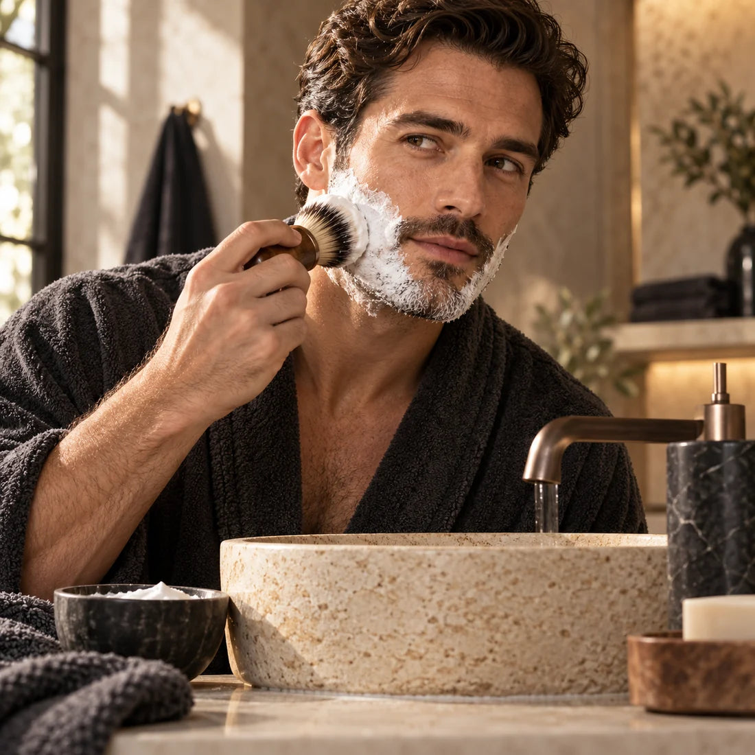Man applying shaving lather with a brush