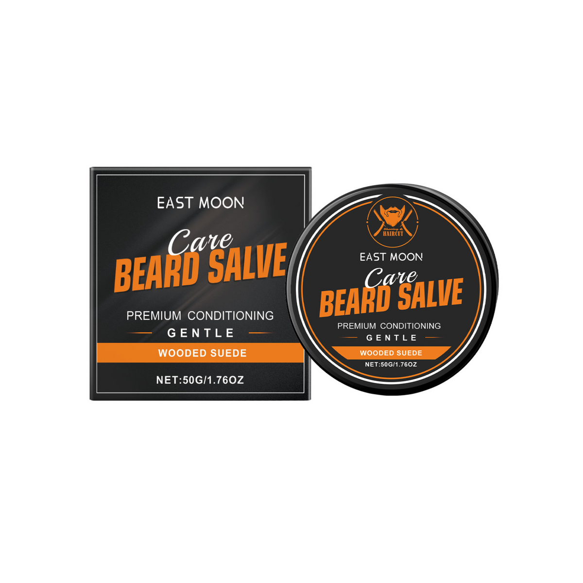 EAST MOON Wooded Suede Beard Balm — front label and pack contents