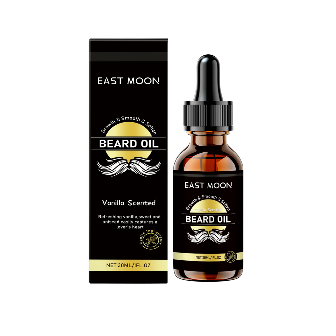 EAST MOON Vanilla Beard Oil — product and front packaging