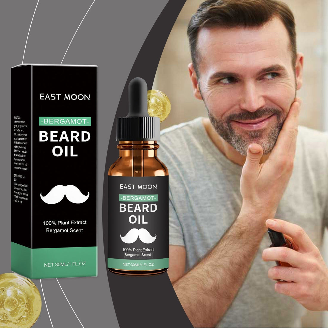EAST MOON Bergamot Beard Oil — front label and pack contents