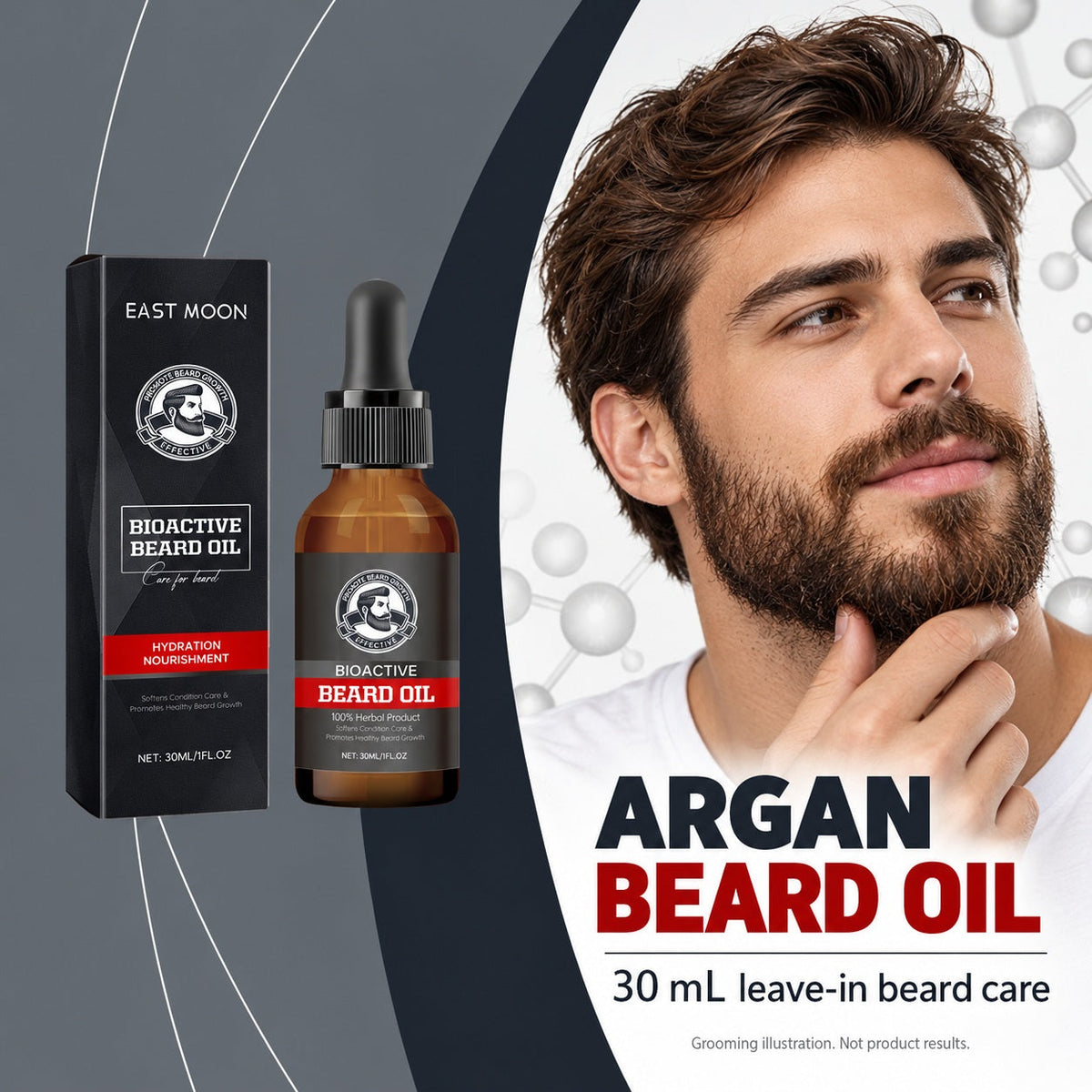 EAST MOON Argan Beard Oil with Grapefruit — 30 mL argan beard oil with routine portrait