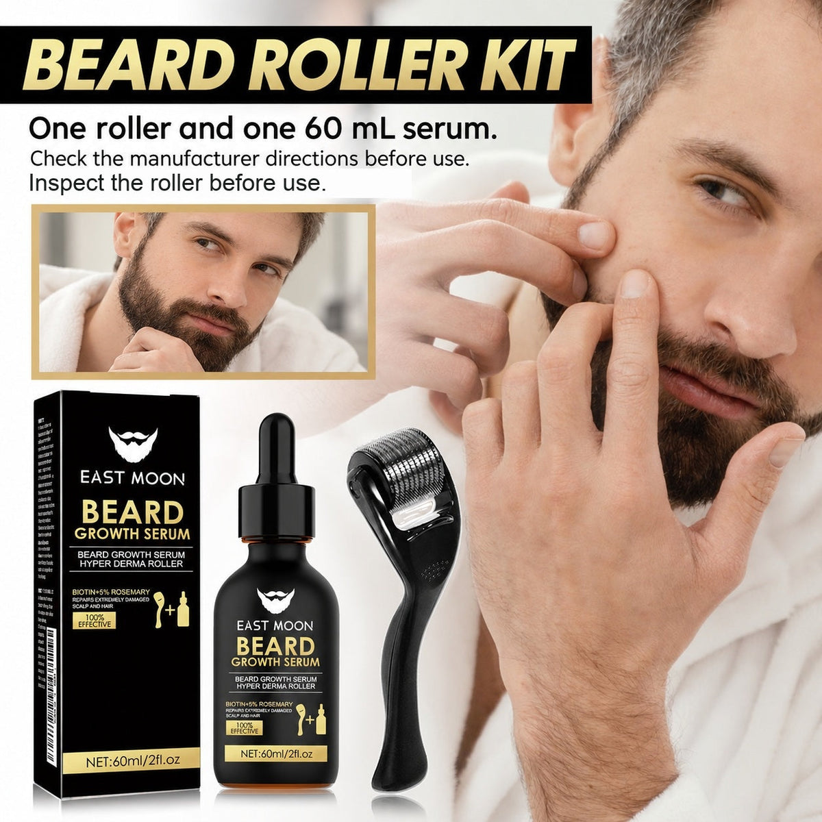 EAST MOON Beard Roller Kit with Biotin Serum — roller and serum set presentation