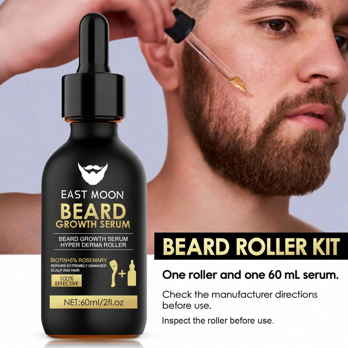 EAST MOON Beard Roller Kit with Biotin Serum — roller and serum set presentation