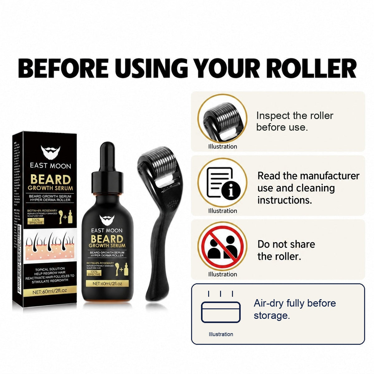 EAST MOON Beard Roller Kit with Biotin Serum — roller care and dry-storage guide