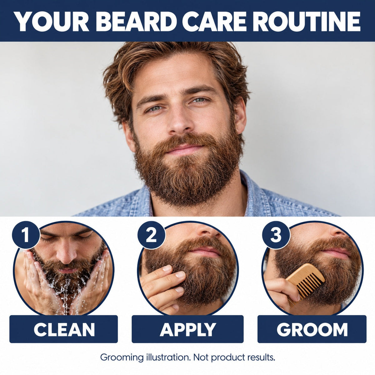 EAST MOON Jojoba Beard Oil — cleansing and application illustration