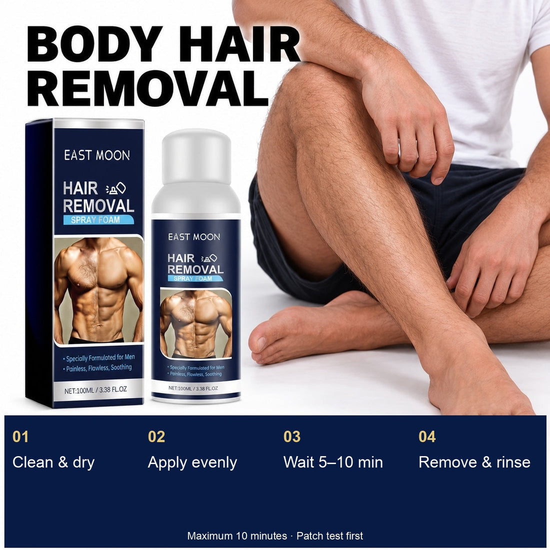 EAST MOON Hair Removal Spray Foam for Men — product and front packaging