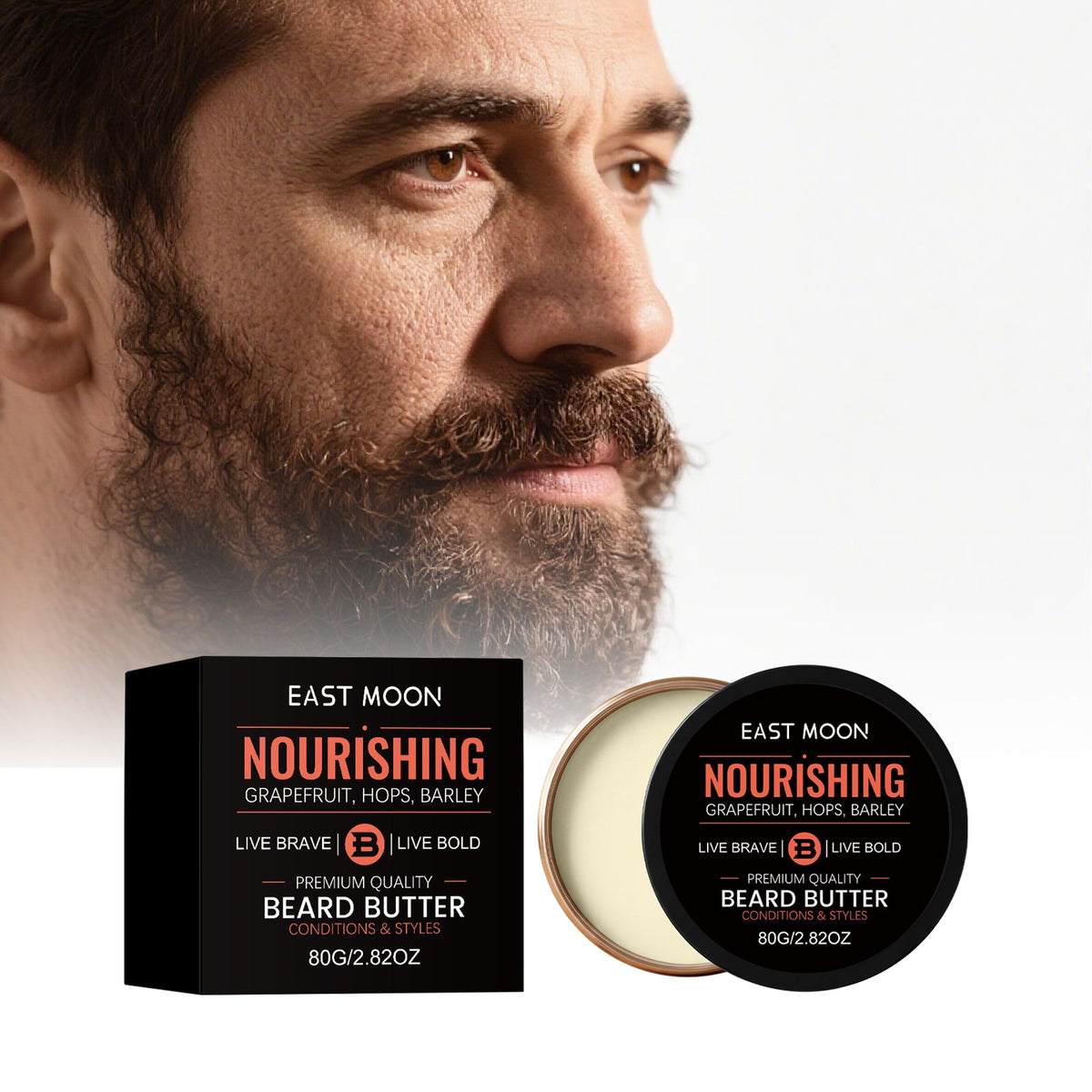 EAST MOON Beard Butter — product and pack contents