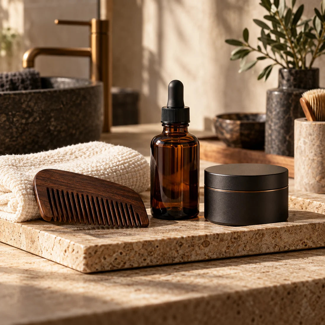 Organized grooming essentials on a warm stone tray