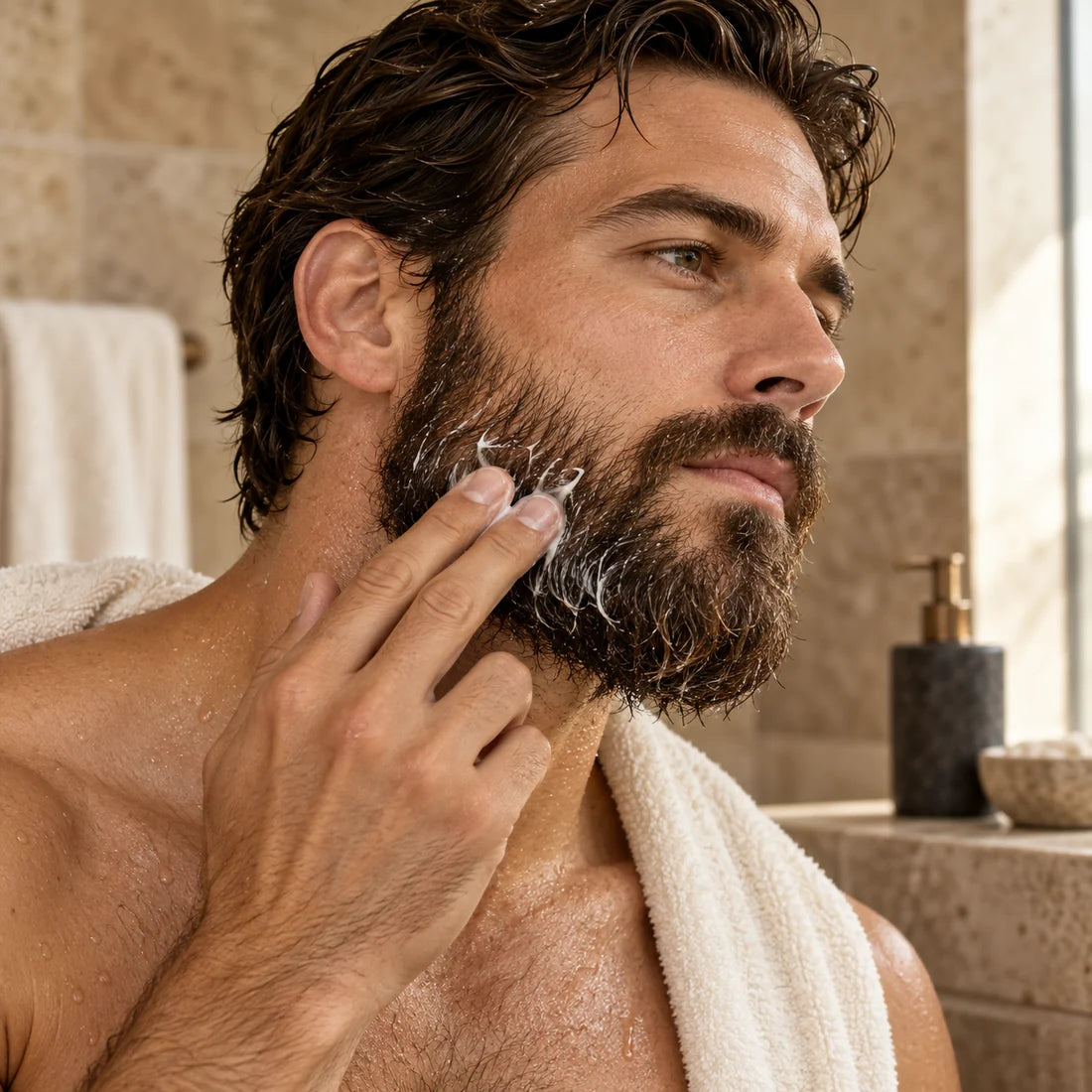 Man distributing a small amount of conditioner through a damp beard