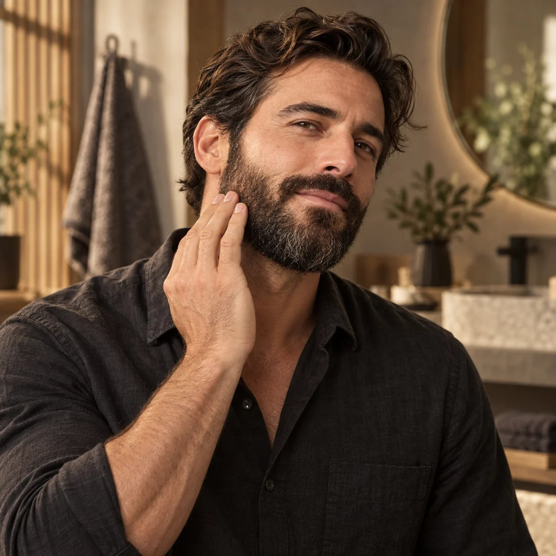 Man smoothing a neatly groomed beard in a warm grooming space