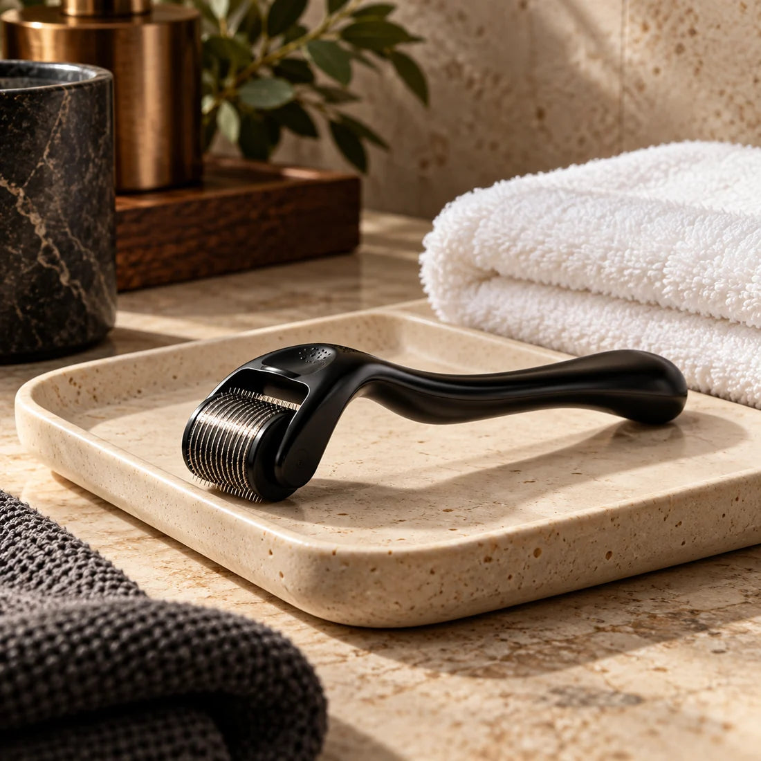 Beard roller resting on a clean ceramic tray beside a towel