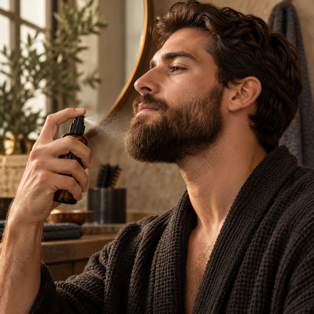 Man using a fine-mist spray near his beard