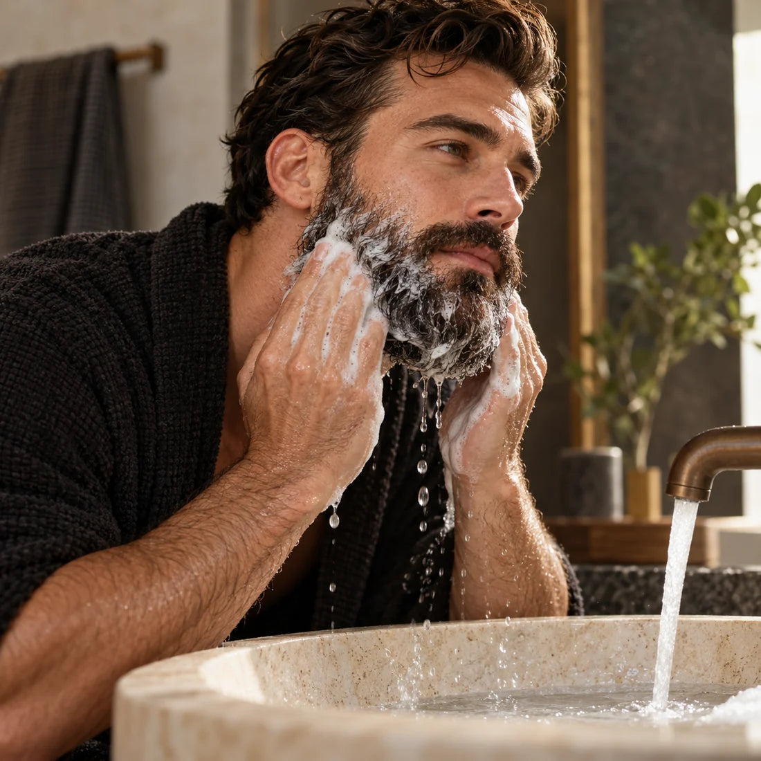 Man washing his beard with a light cleansing lather