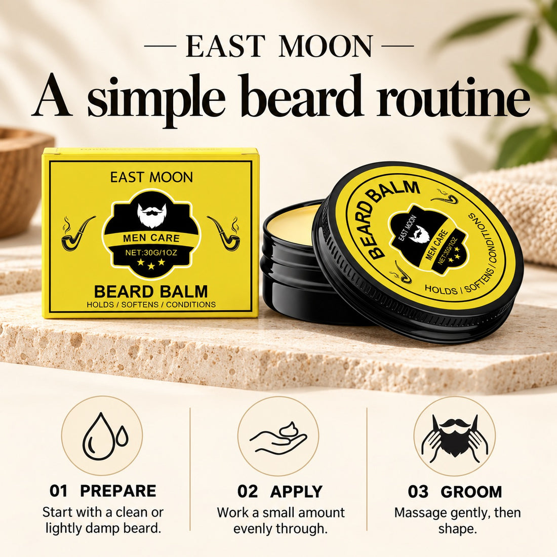 EAST MOON Beard Balm for Men — product and front packaging