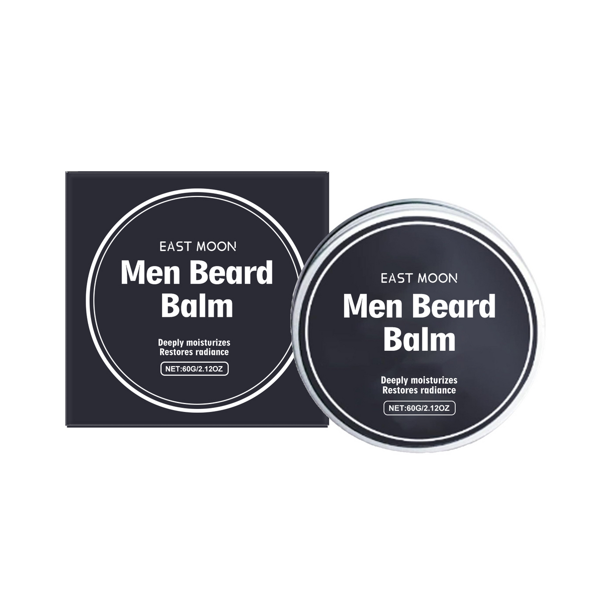EAST MOON Beeswax Beard Balm with Vitamin E — front label and pack contents
