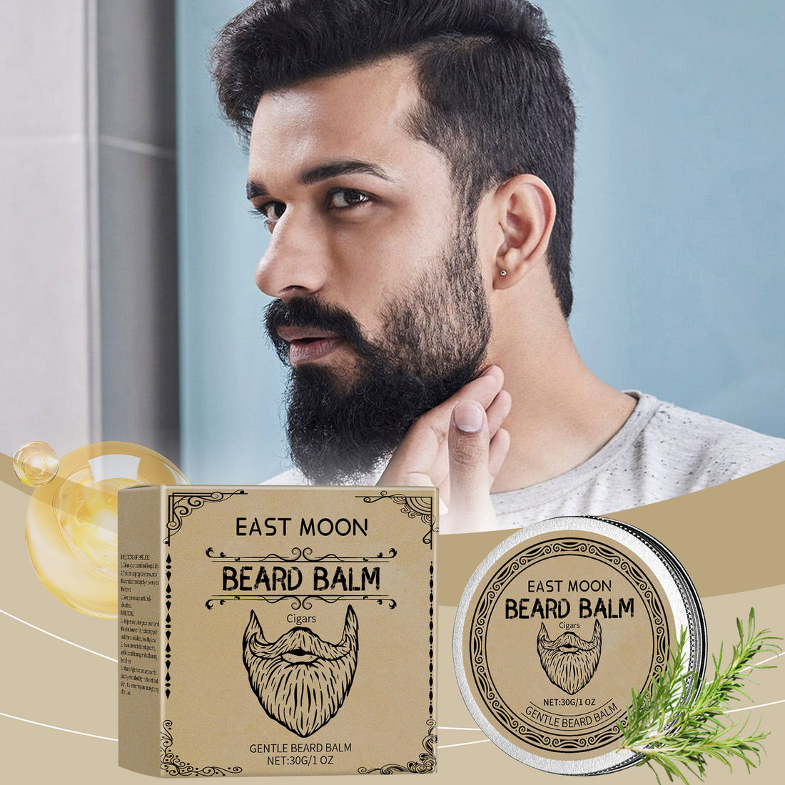 EAST MOON Cigar-Scented Beard Balm with Beeswax — product and front packaging