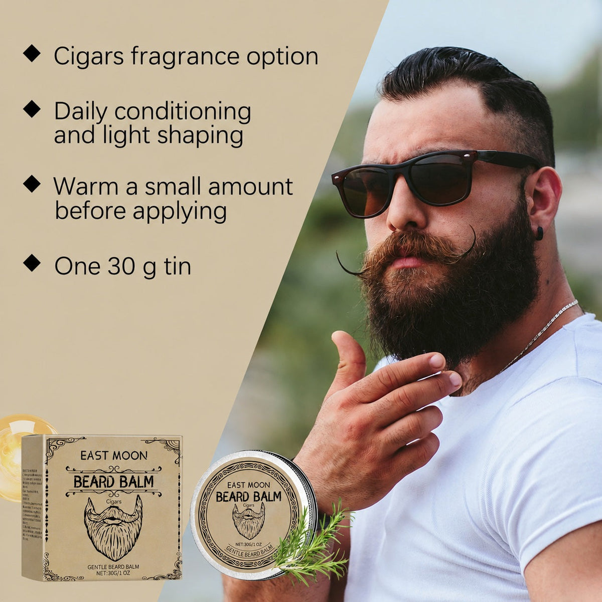 EAST MOON Cigar-Scented Beard Balm with Beeswax — Cigars fragrance option in a 30 g tin