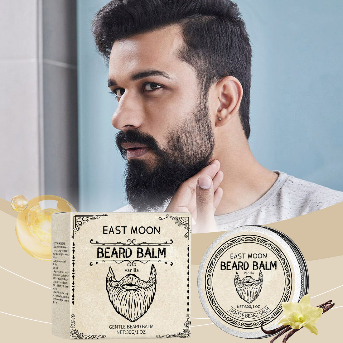 EAST MOON Vanilla Beard Balm with Beeswax — product and front packaging
