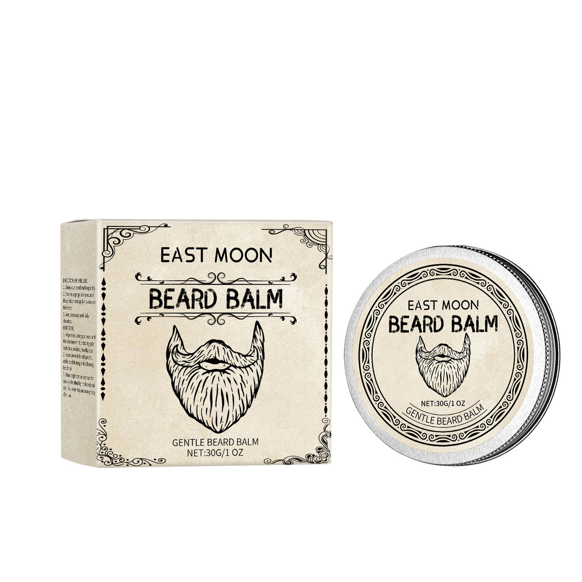 EAST MOON Vanilla Beard Balm with Beeswax — product and front packaging