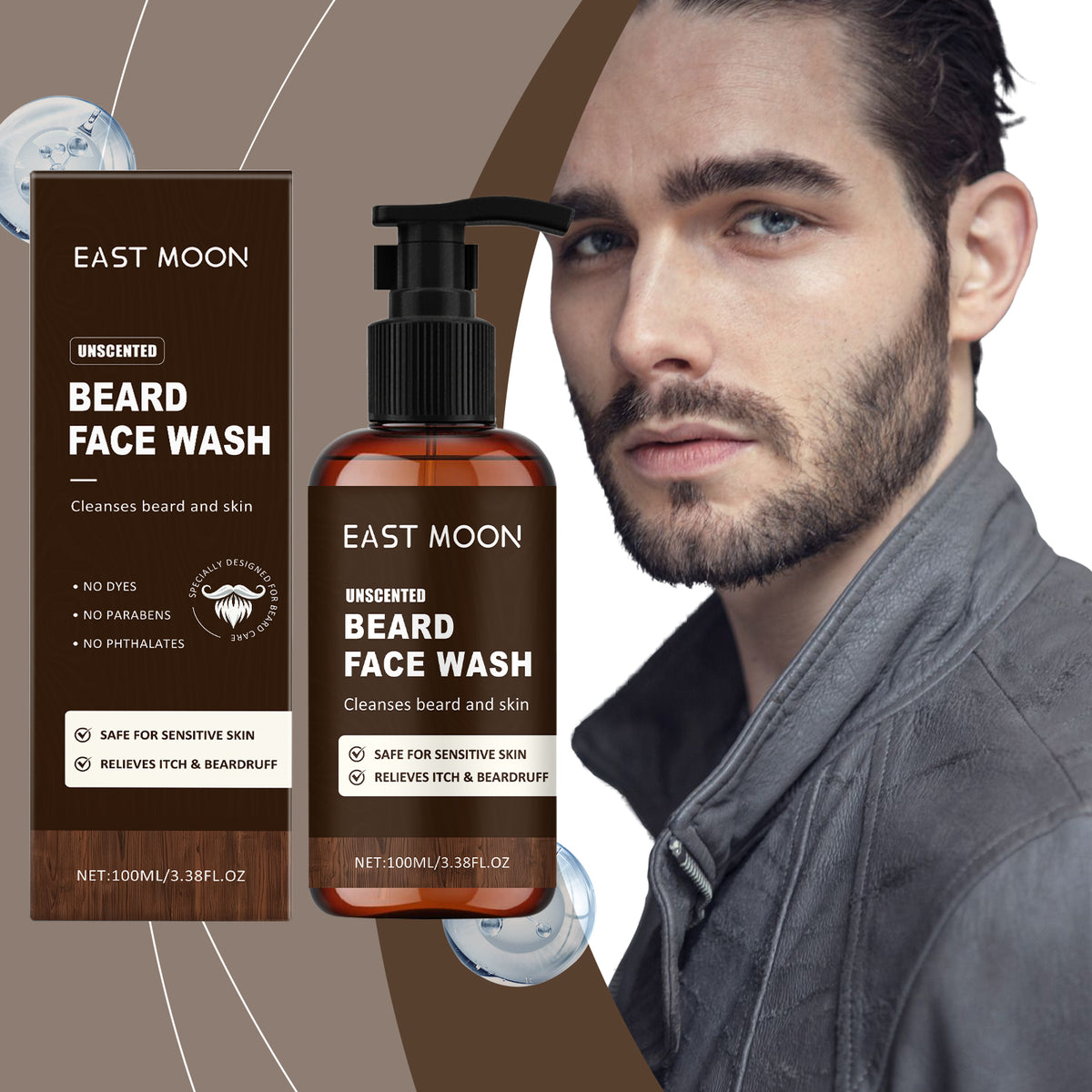 EAST MOON Unscented Beard and Face Wash — product and packaging
