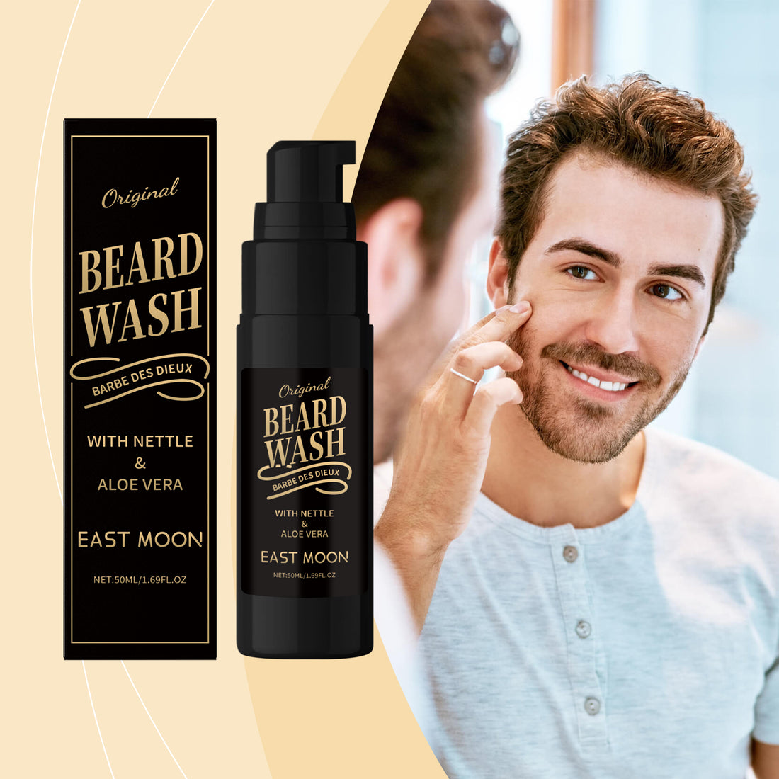EAST MOON Beard Wash with Nettle & Aloe — front label and pack contents