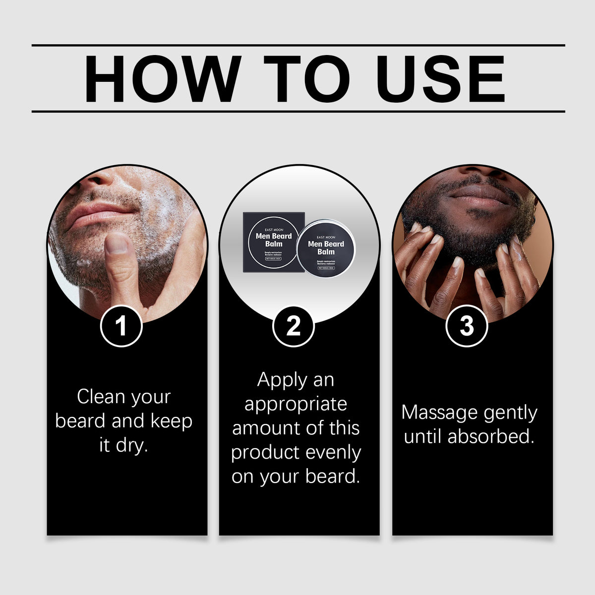 EAST MOON Beeswax Beard Balm with Vitamin E — step-by-step application guide