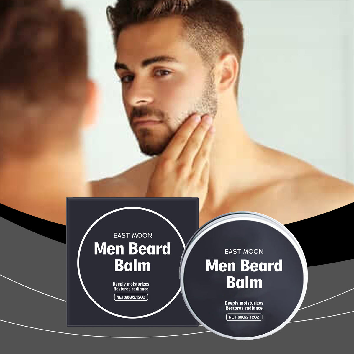EAST MOON Beeswax Beard Balm with Vitamin E — product and packaging