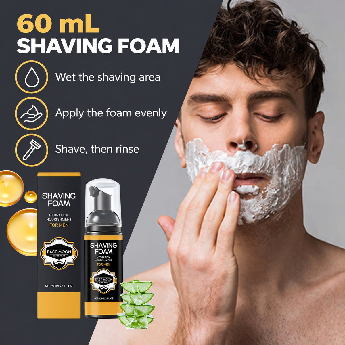 EAST MOON Aloe Shaving Foam for Men — 60 mL shaving foam use