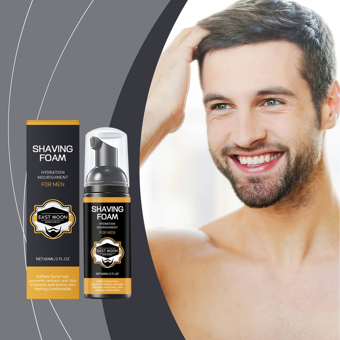 EAST MOON Aloe Shaving Foam for Men — front label and pack contents