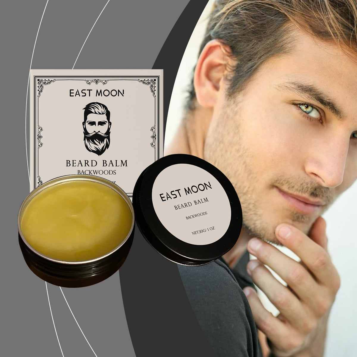 EAST MOON Backwoods Beard Balm with Shea & Jojoba — product and packaging