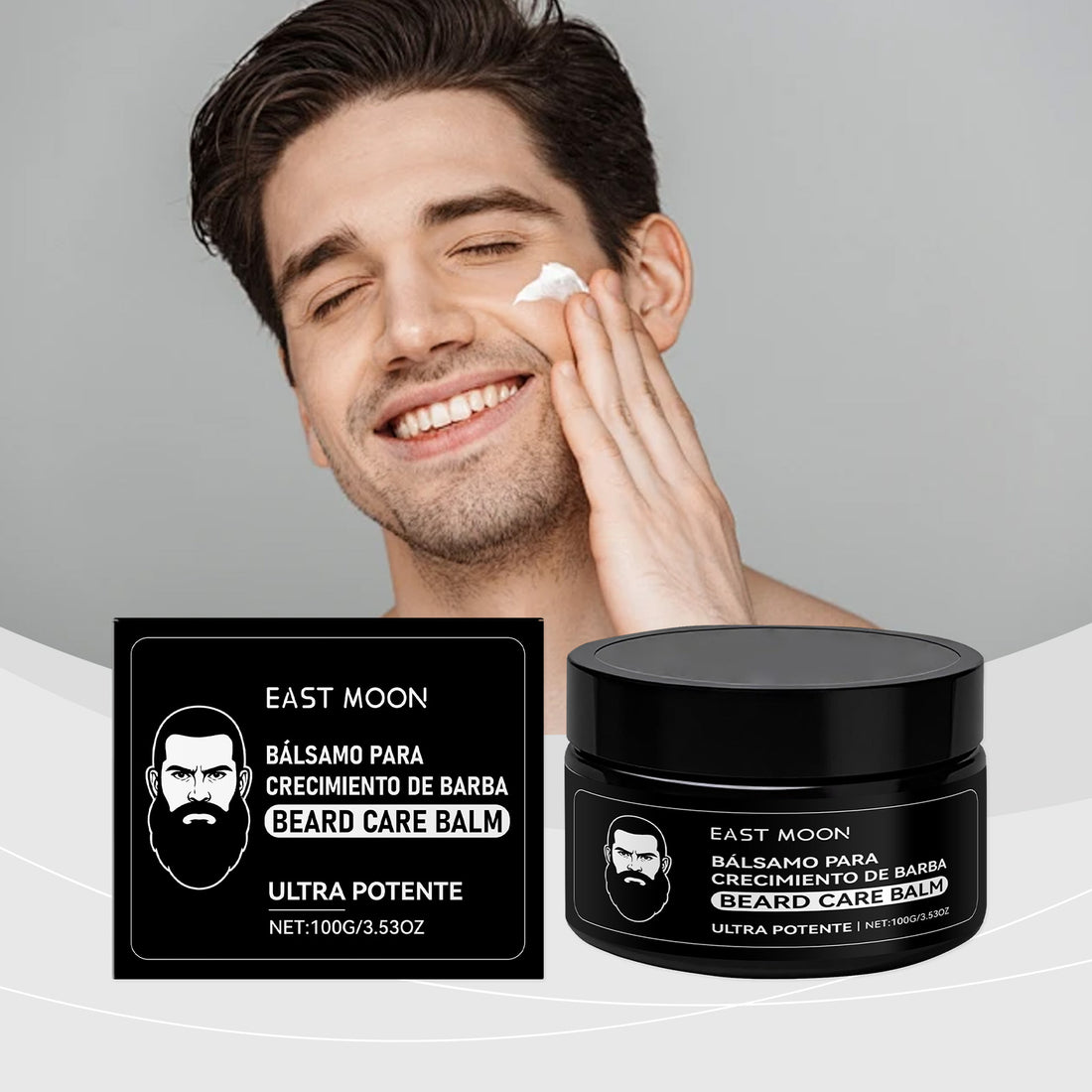 EAST MOON Beard Balm with Argan & Maca — front label and pack contents