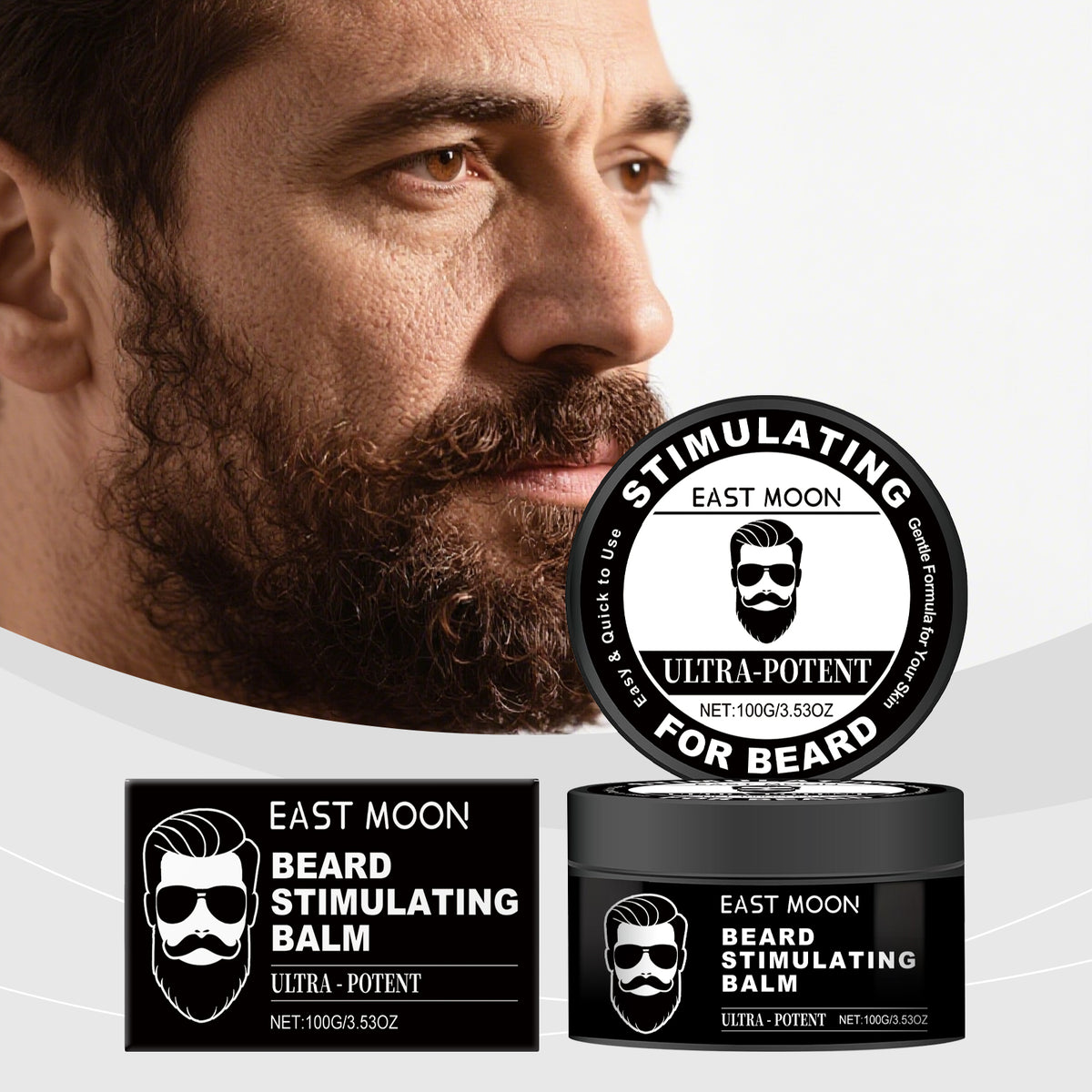 EAST MOON Beard Balm with Aloe & Vitamin E — product label and pack contents