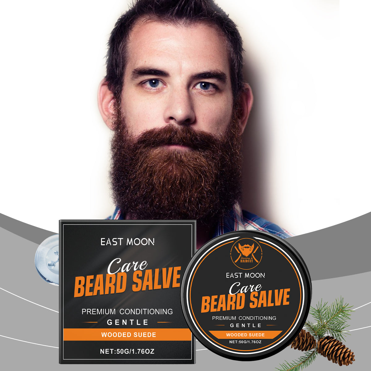 EAST MOON Wooded Suede Beard Balm — product and packaging
