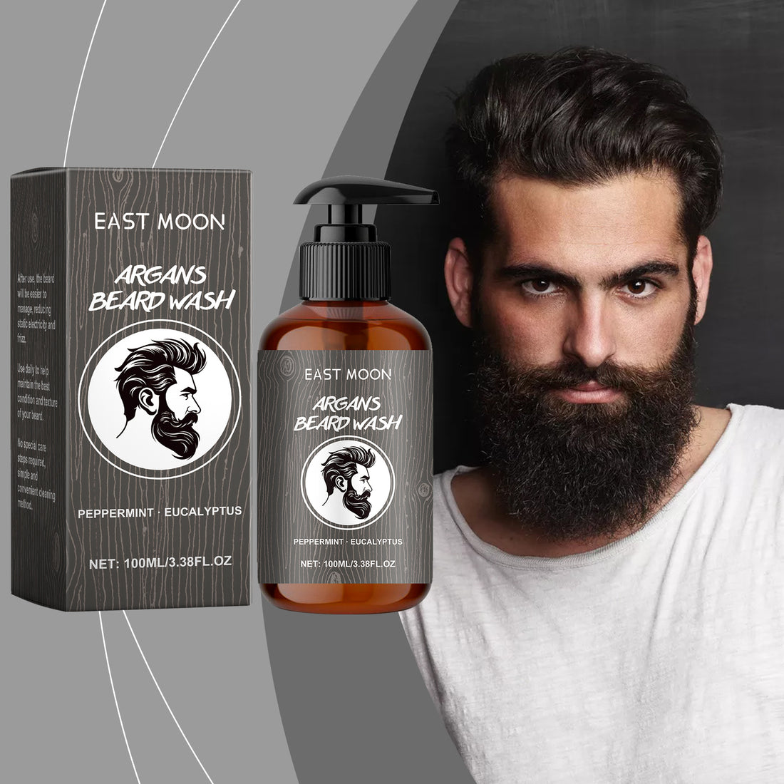 EAST MOON Argan Beard Wash — front label and pack contents