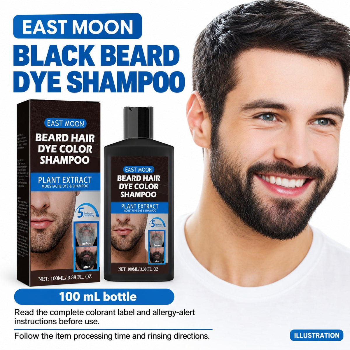 EAST MOON Black Beard Dye Shampoo — product label and pack contents