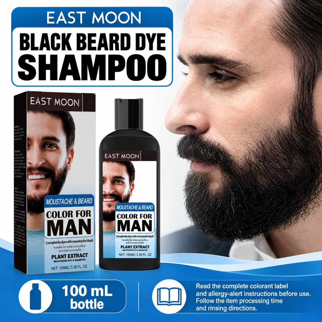 EAST MOON Black Beard Dye Shampoo — product and front packaging