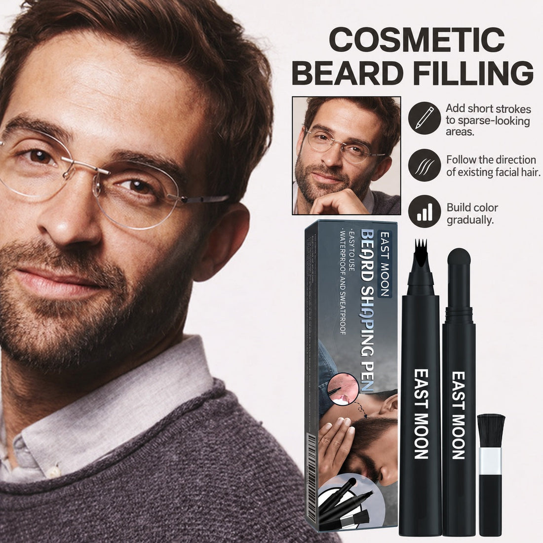 EAST MOON Black Beard Filler Pen & Pencil Kit with Brush — product and front packaging