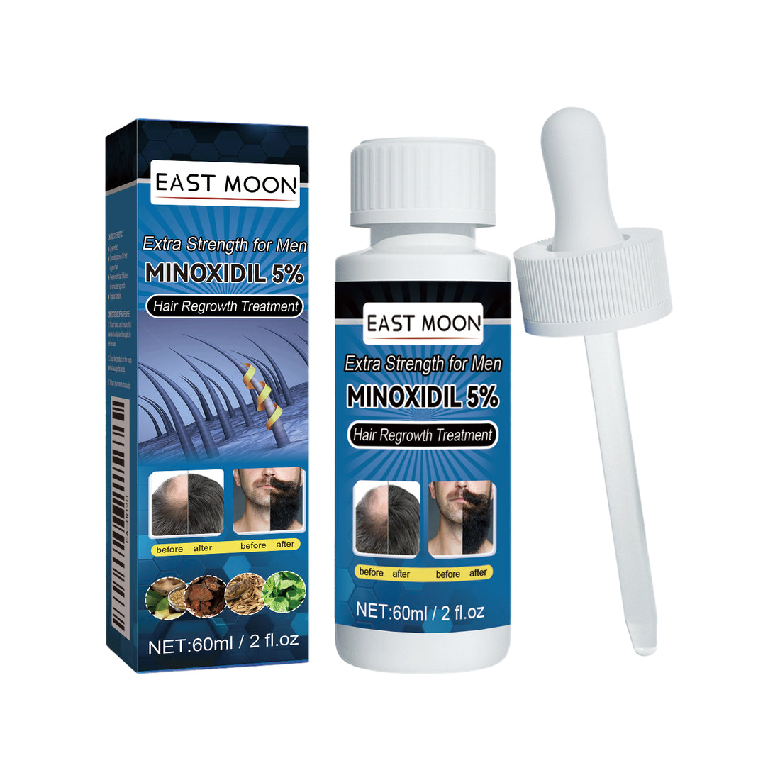EAST MOON 5% Minoxidil Topical Hair Solution — promotional comparison illustration
