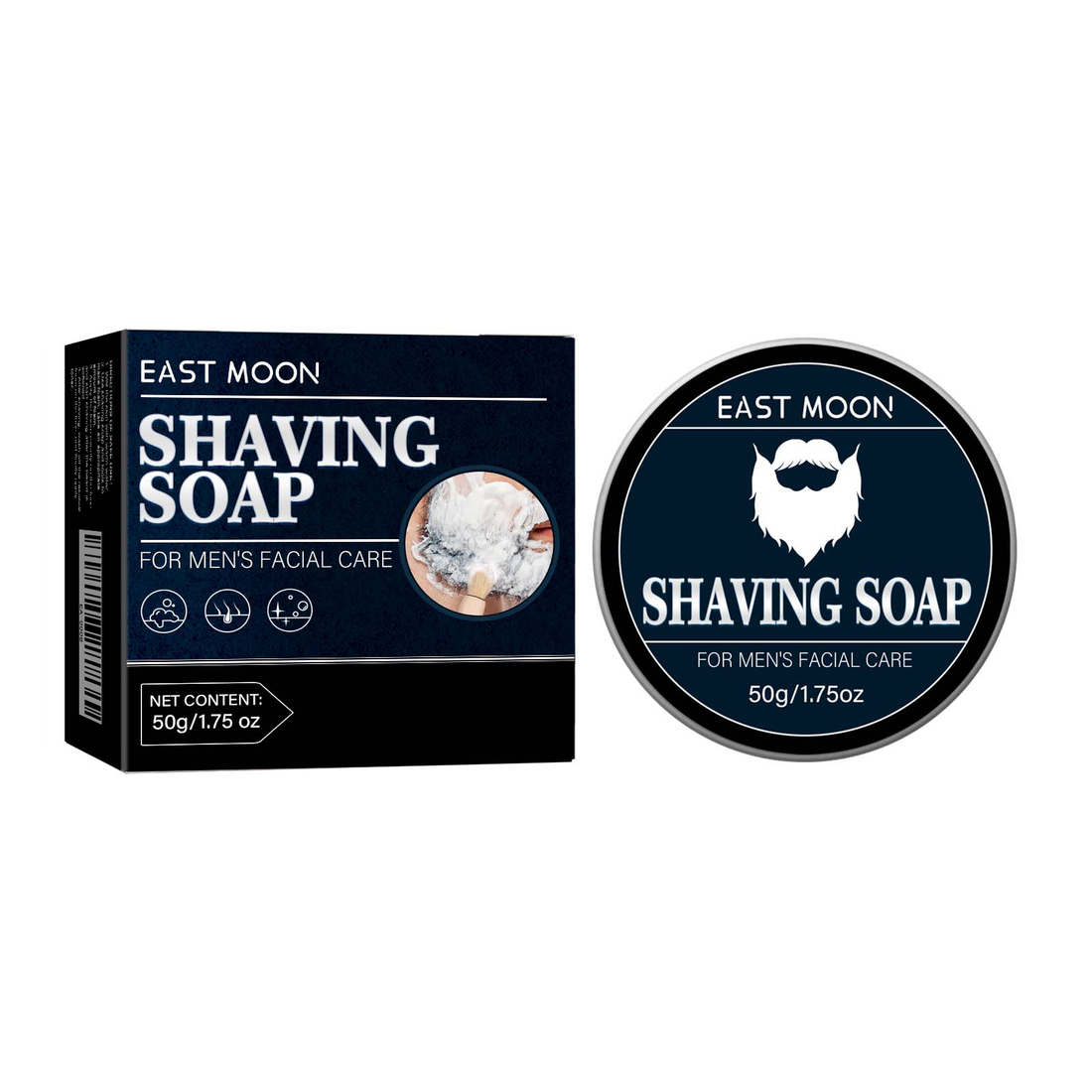 EAST MOON Shaving Soap Puck — front label and pack contents