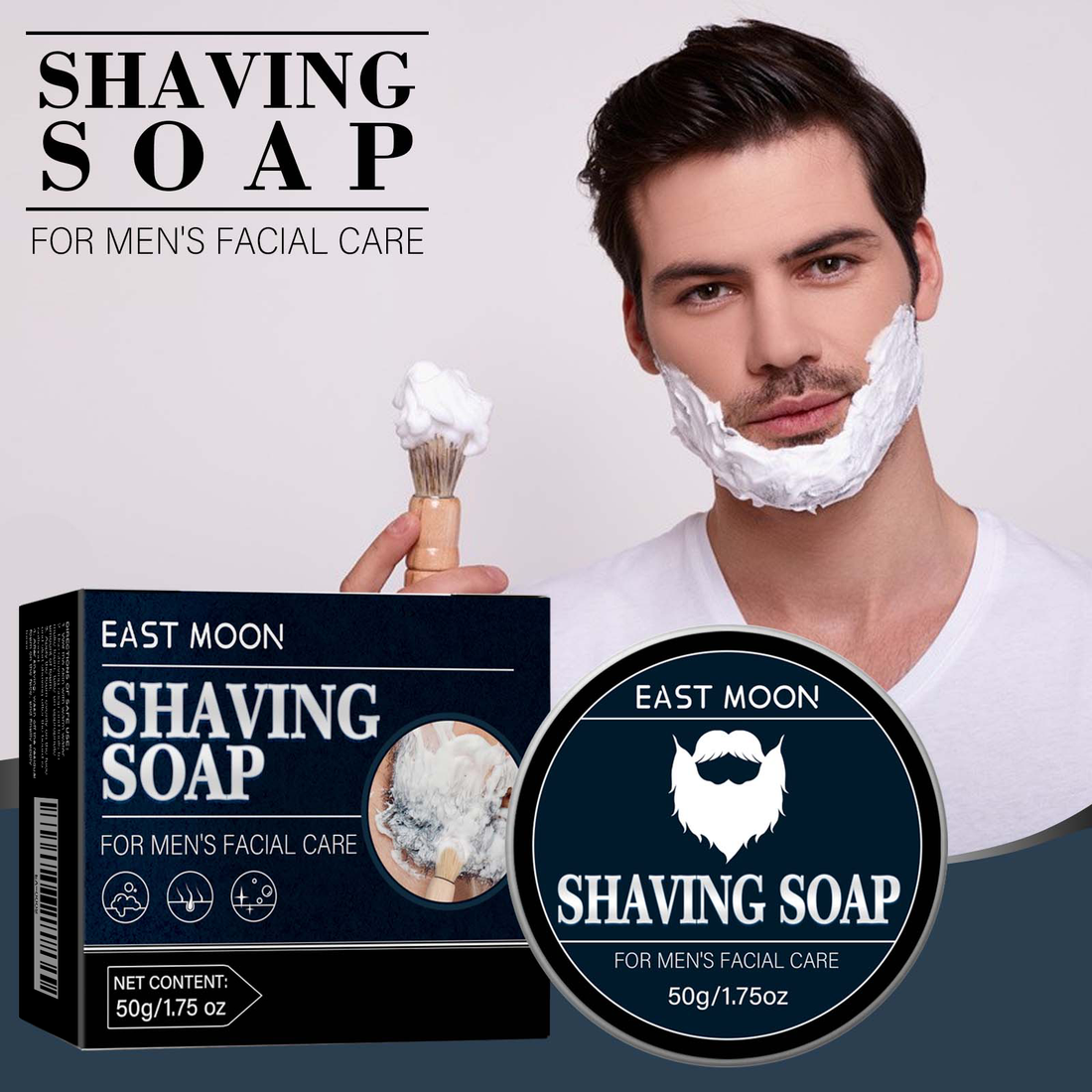 EAST MOON Shaving Soap Puck — front label and pack contents