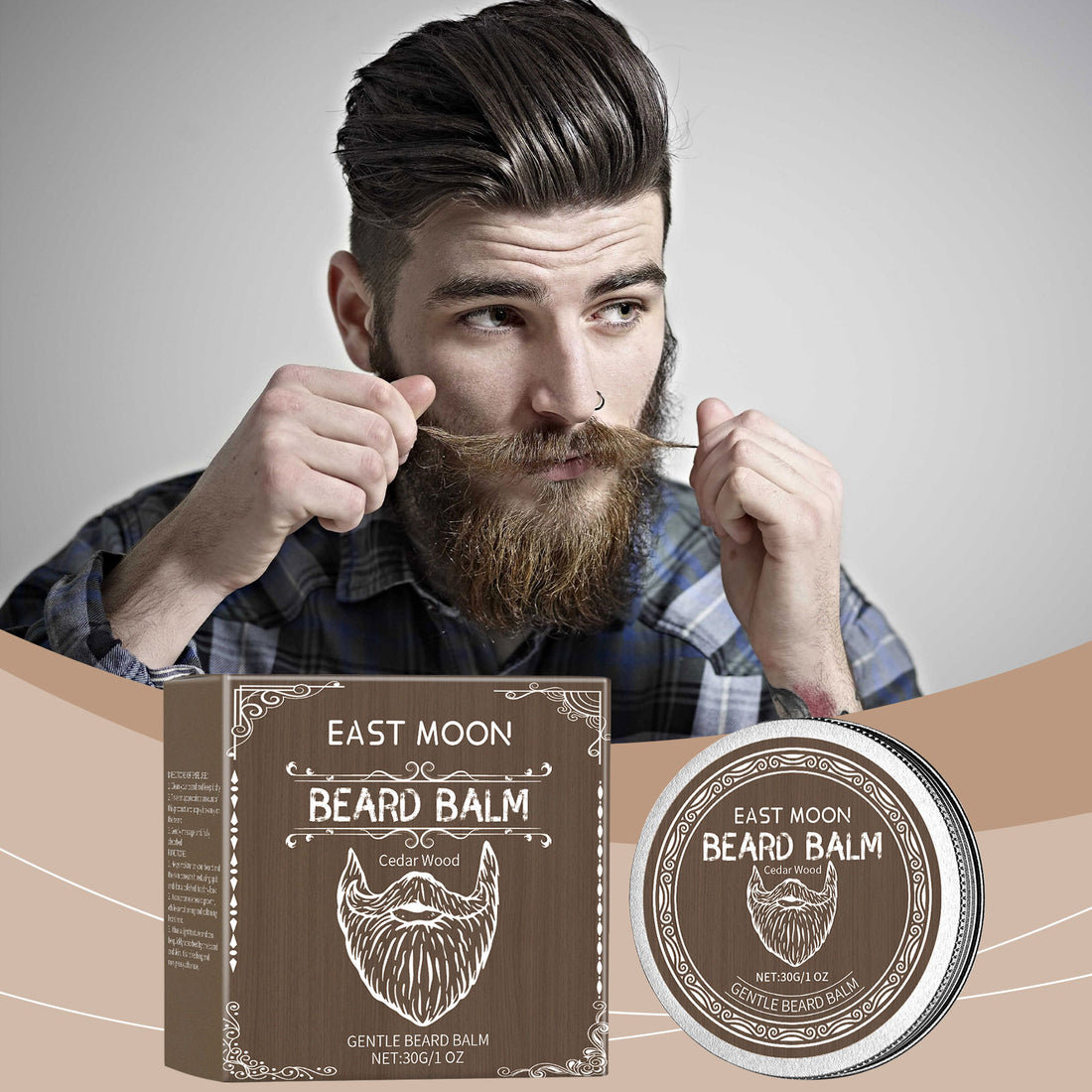 EAST MOON Beard Balm — product and pack contents