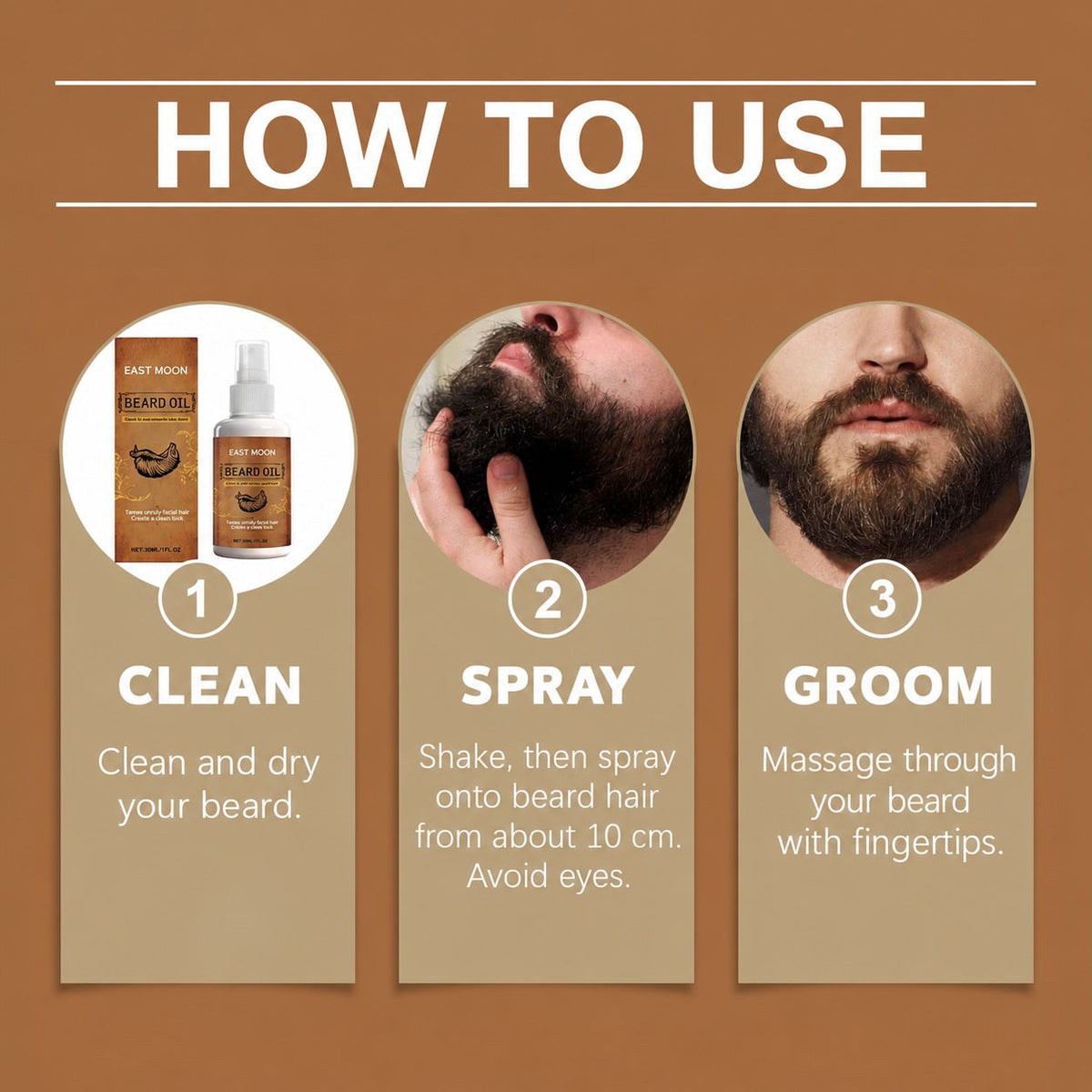 EAST MOON Beard Oil Spray with Jojoba & Calendula — step-by-step application guide