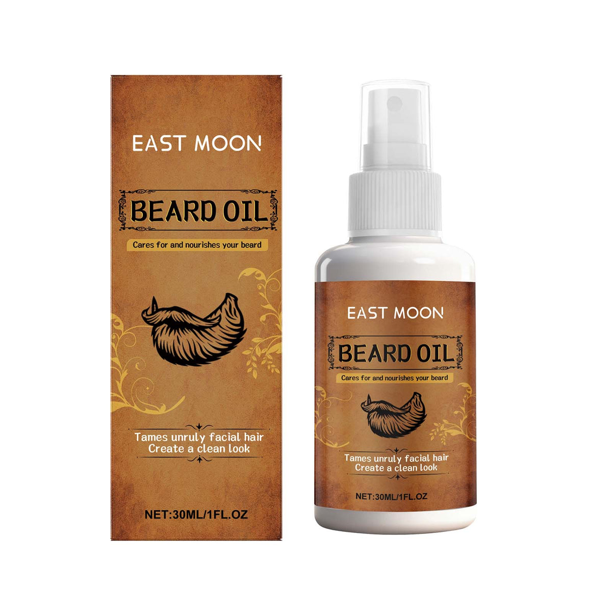 EAST MOON Beard Oil Spray with Jojoba & Calendula — front label and pack contents