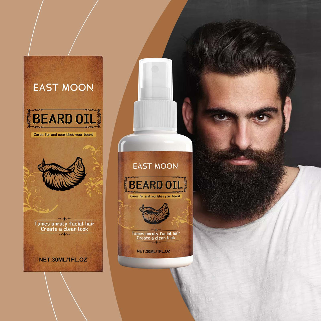 EAST MOON Beard Oil Spray with Jojoba & Calendula — front label and pack contents