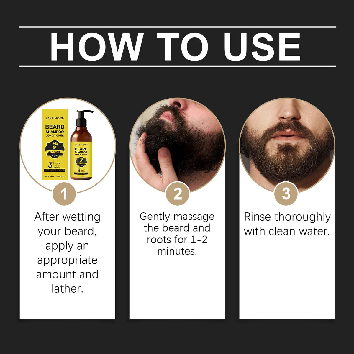 EAST MOON 2-in-1 Beard Shampoo and Conditioner — step-by-step application guide