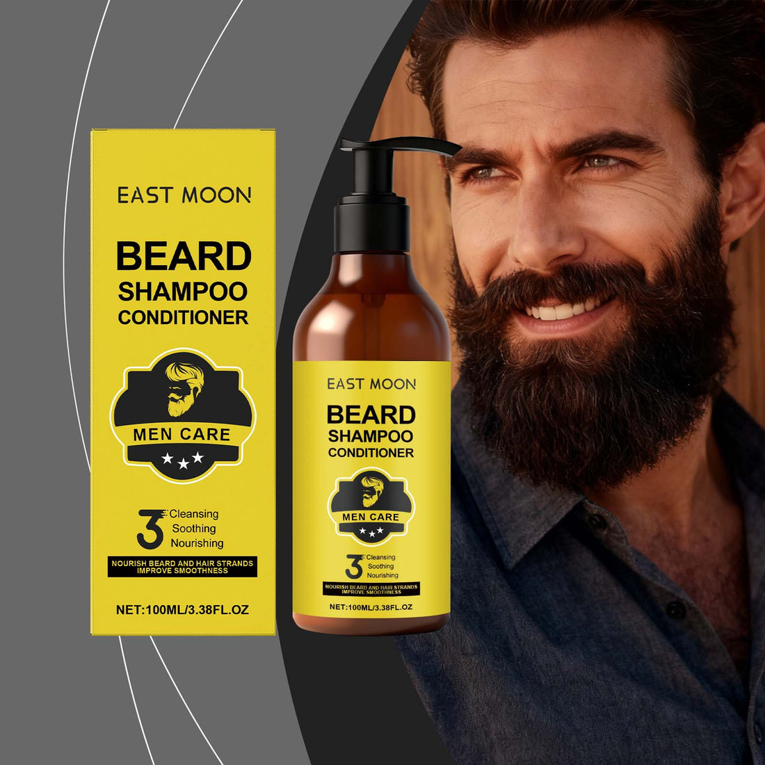 EAST MOON 2-in-1 Beard Shampoo and Conditioner — front label and pack contents