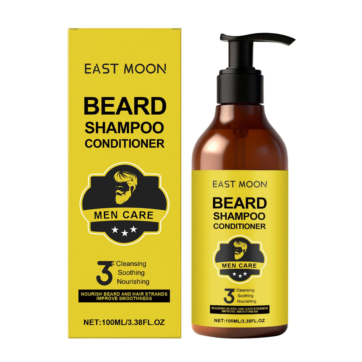 EAST MOON 2-in-1 Beard Shampoo and Conditioner — front label and pack contents