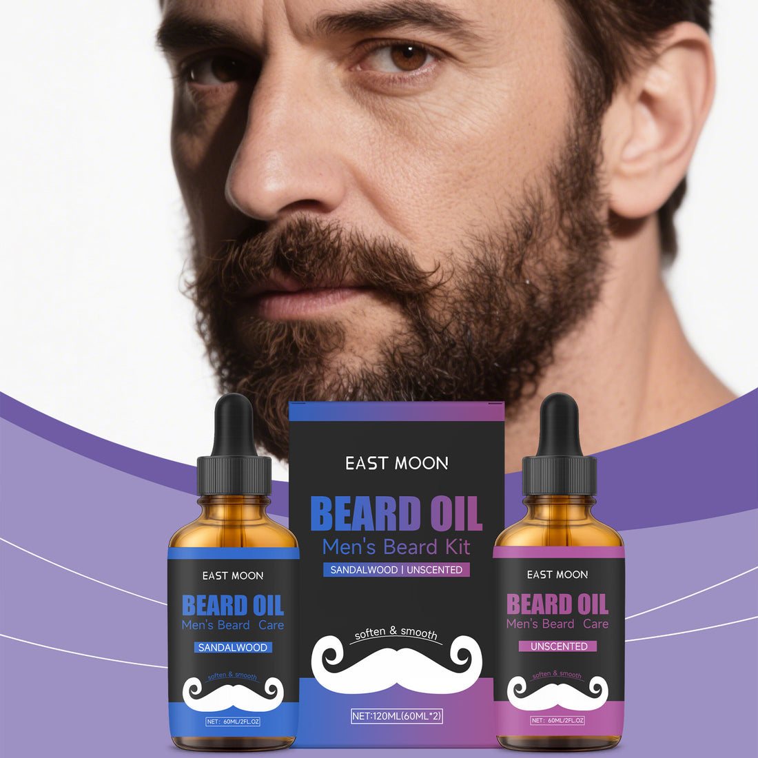 EAST MOON Beard Oil Set — front label and pack contents